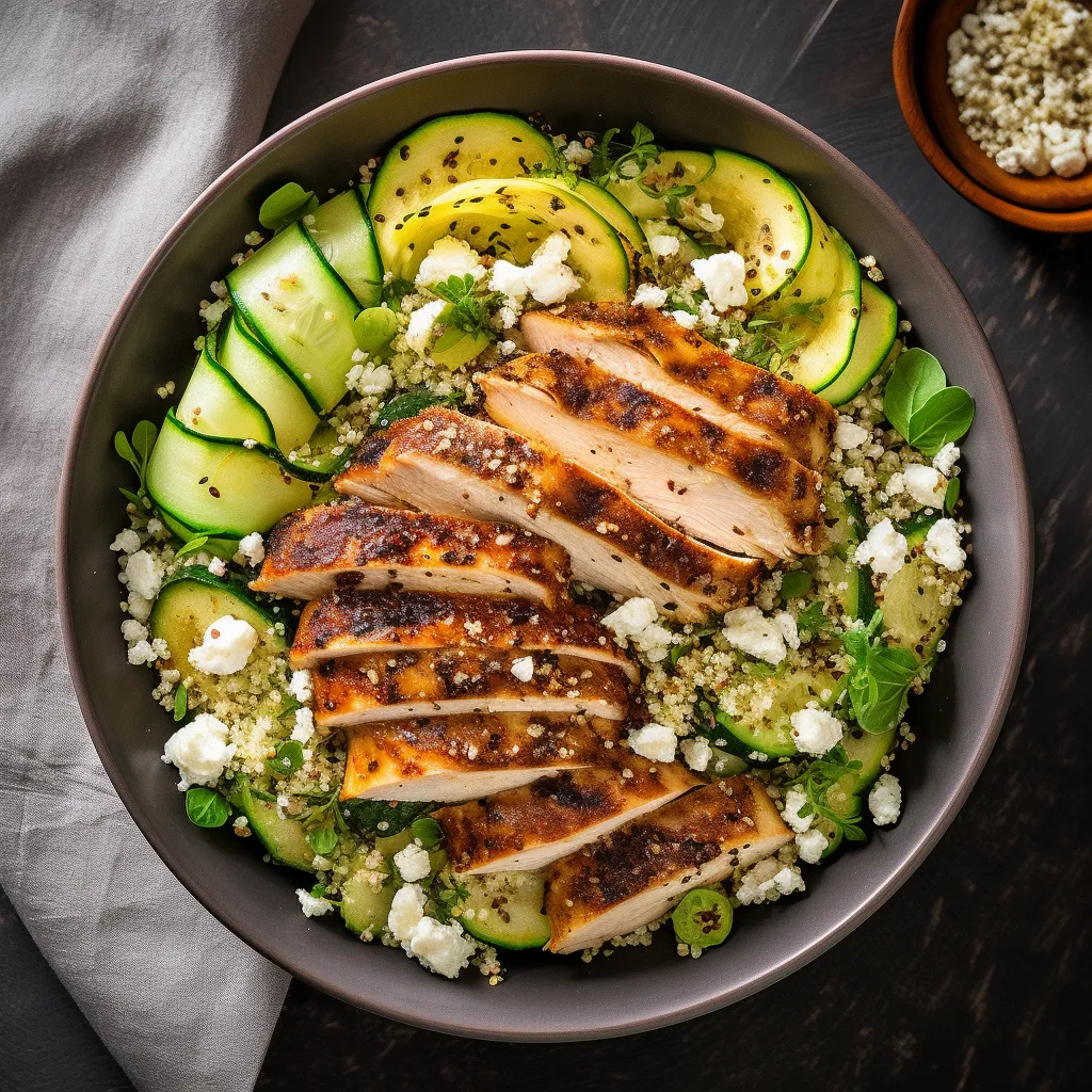 A light and colorful salad with grilled chicken, fluffy quinoa, sliced cucumbers, crumbled feta cheese, and a zesty lemon and olive oil dressing.