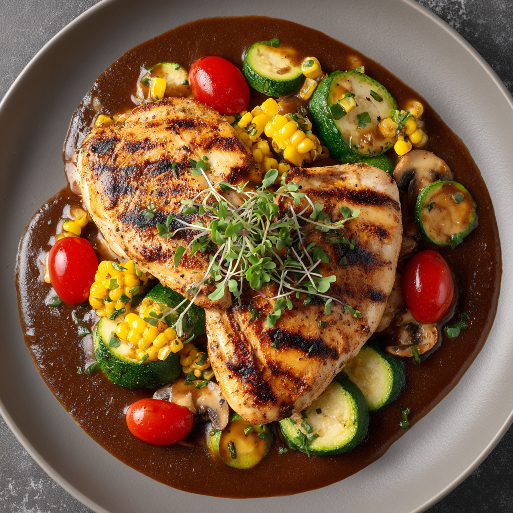 Grilled Chicken with Shiitake Mushroom Sauce and Summer Veggies