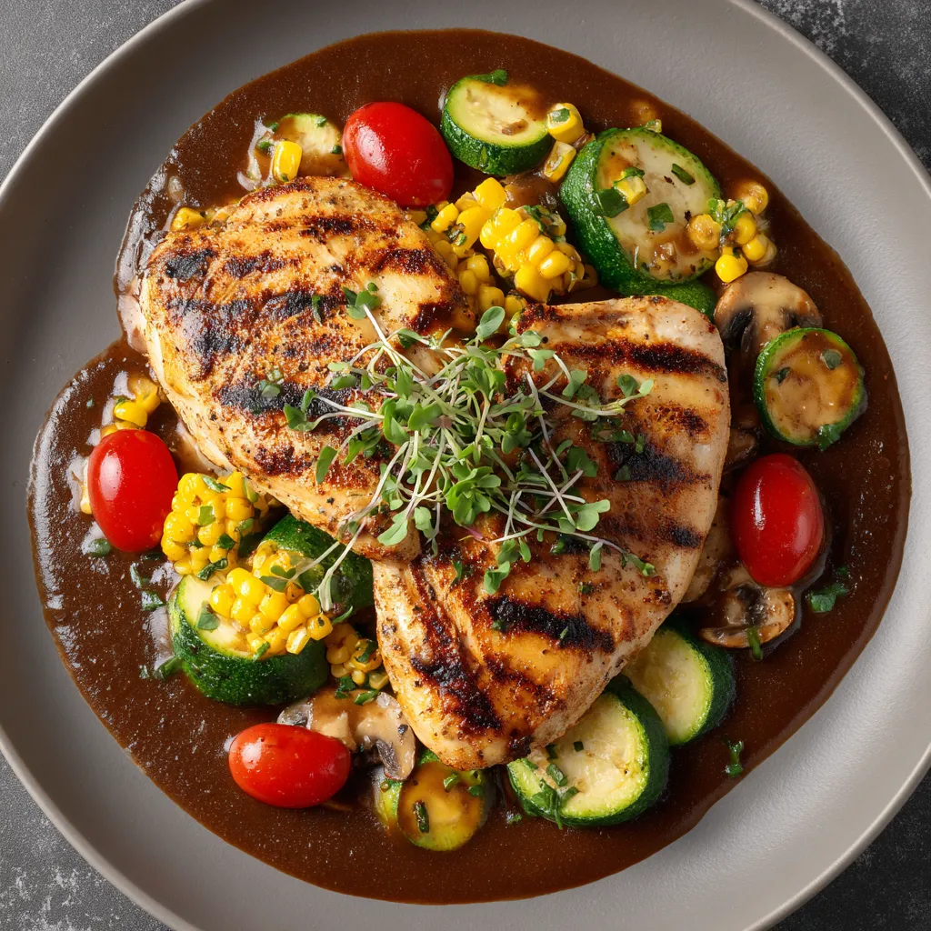 Two golden-brown grilled chicken breasts sit on a splash of deep-brown shiitake mushroom sauce, surrounded by vibrant red cherry tomatoes, deep-green zucchini slices, and yellow roasted corn kernels. The plate is garnished with a pinch of microgreens centrally placed.
