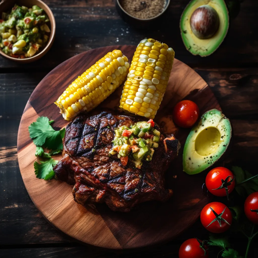 A beautifully grilled rib eye steak sliced on a diagonal, lays beside a pile of grilled corn kernels, offset by a mound of bright green avocado and tomato salsa.