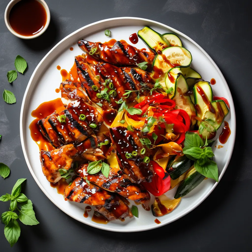 Colorful grilled chicken and veggies with a spicy red marinade, served on a white plate.