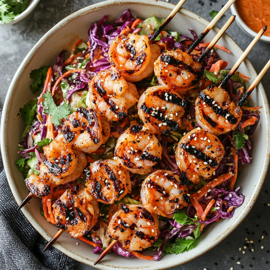 Plump shrimp skewers brushed in a fiery, deep-red gochujang sauce are nestling on a bed of crunchy slaw that bursts with colors of red, purple, bright orange, and soft greens. A scattering of black sesame seeds and an extra drizzle of creamy, white sesame-ginger dressing accentuate the vibrant colors.