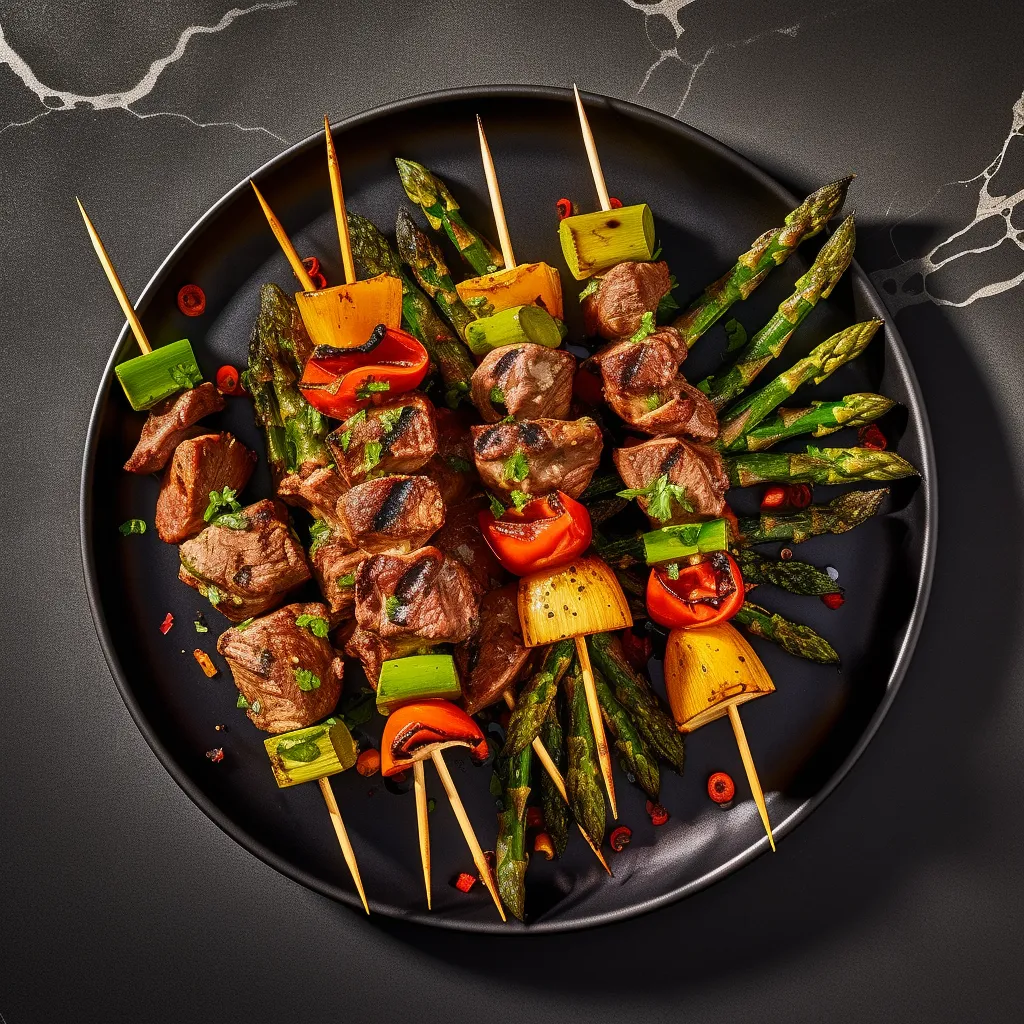 A plate with skewers of marinated beef, green and red bell peppers, and asparagus, arranged in a colorful and visually appealing pattern.