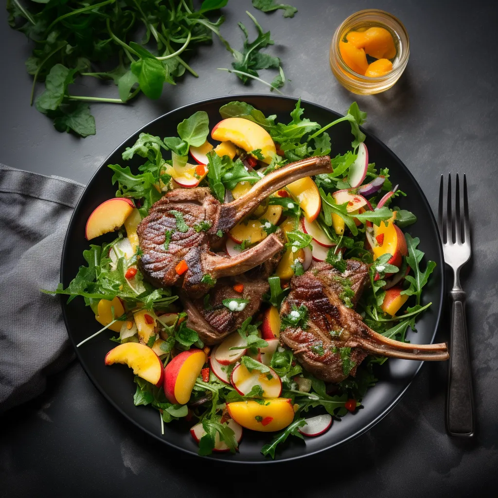 A plate of succulent grilled lamb chops served alongside a colorful salad featuring sliced peaches, arugula, and a tangy dressing.