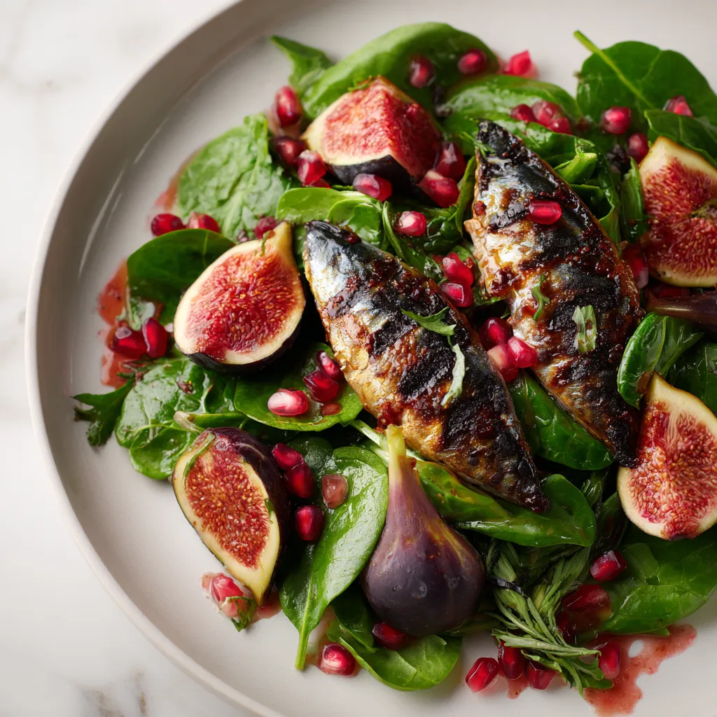 A vibrant, colorful mound on a white ceramic plate, the glossy, charred mackerel is nestled amongst bright green fresh spinach leaves and halves of juicy, ripe figs. The scattered shiny pomegranate seeds offer a jewel-like contrast, all drizzled with a glossy, ruby-red pomegranate vinaigrette.