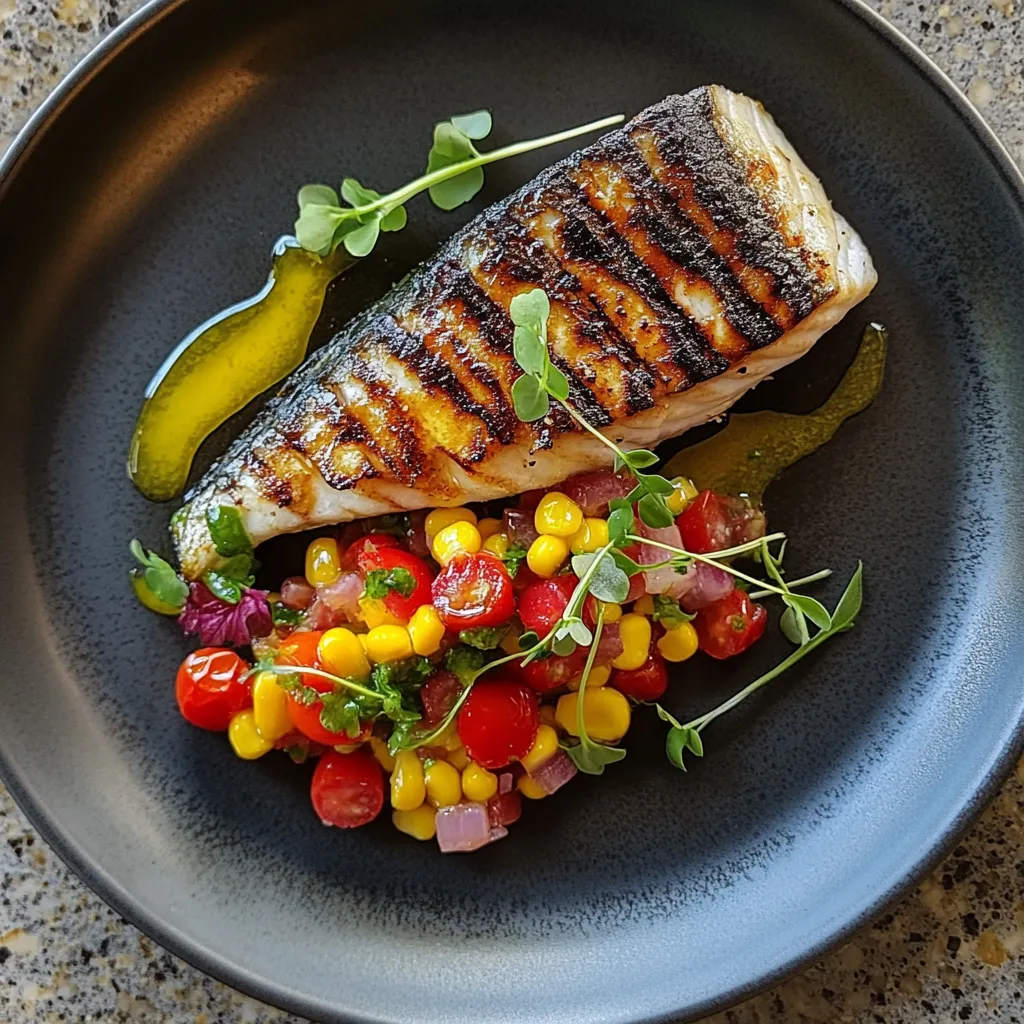 A perfectly golden, grilled mackerel filet lies at the heart of the plate, adorned with vibrant yellow corn salsa and red cherry tomato relish. A drizzle of juzu infused olive oil provides a glossy finish whilst micro-greens garnish provides a distinct pop of green.