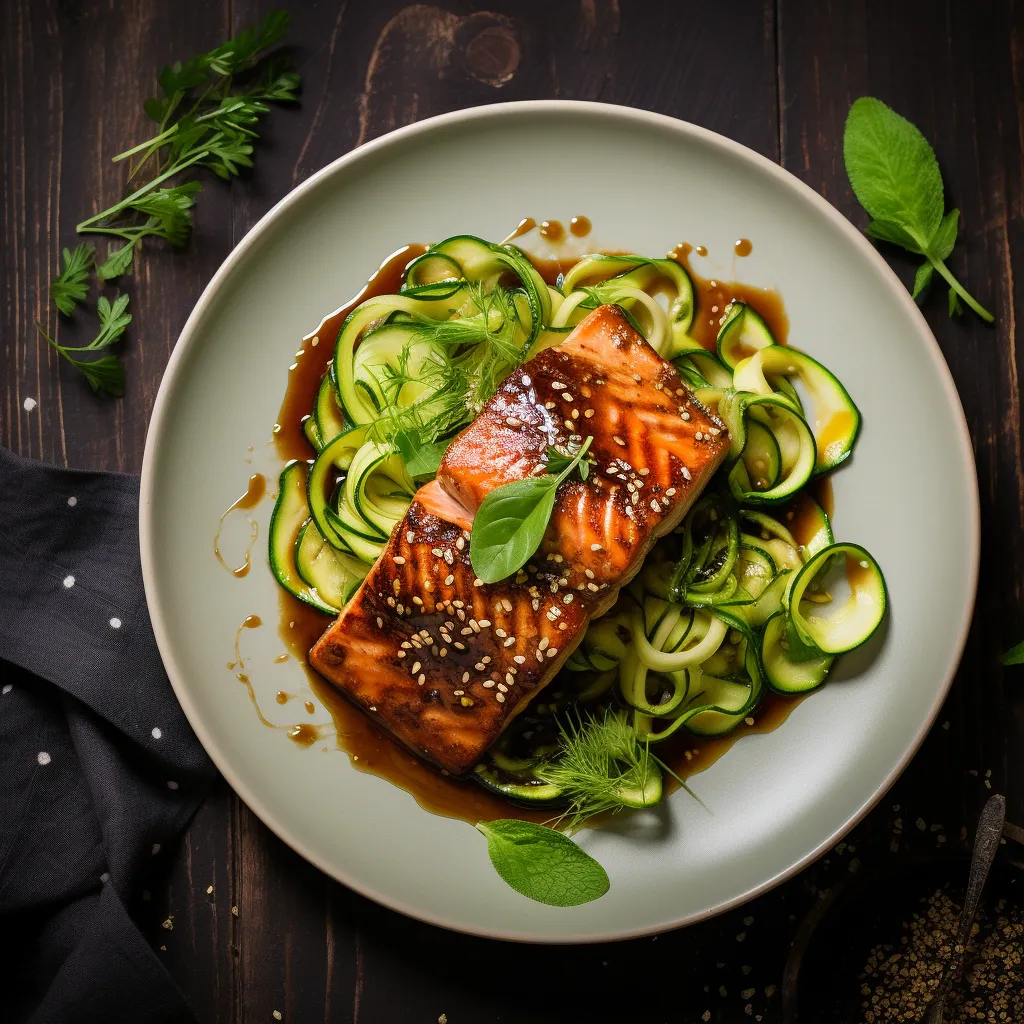 A perfectly grilled miso-glazed salmon fillet served over a bed of vibrant green zucchini noodles, garnished with sesame seeds and fresh herbs.