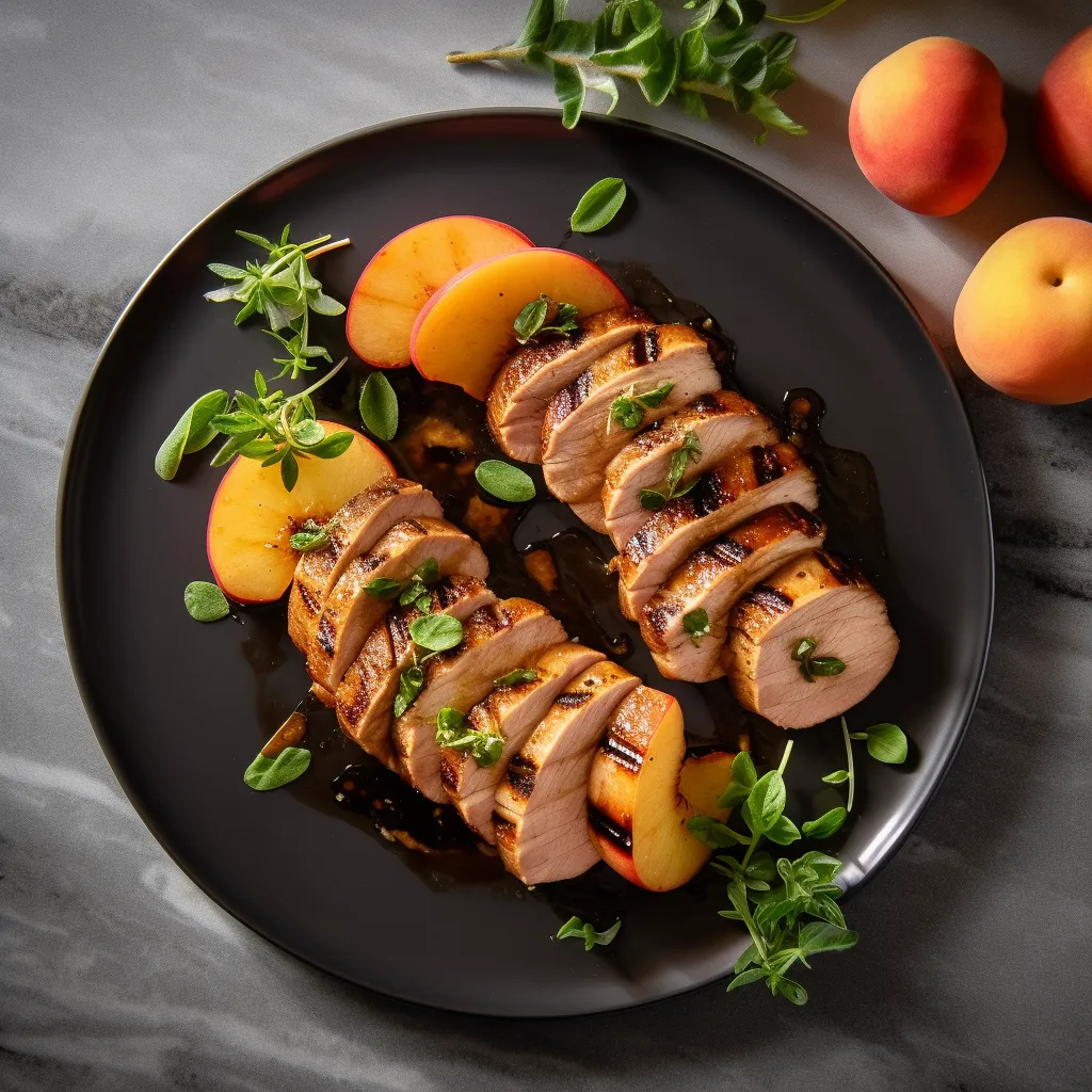 Thinly sliced pork tenderloin arranged in a fan on a plate with sliced grilled peaches on top.