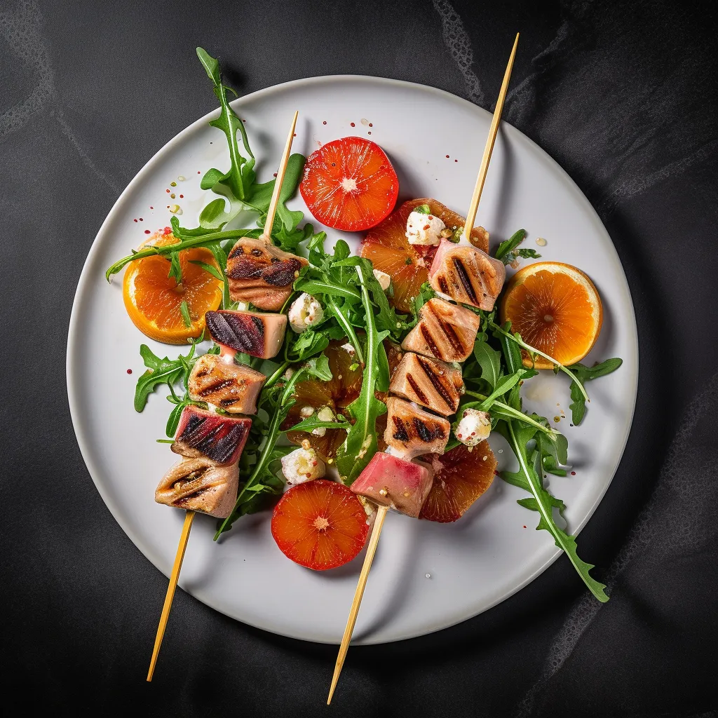 Grilled pork skewers with a generous side of white asparagus, blood orange and arugula salad.