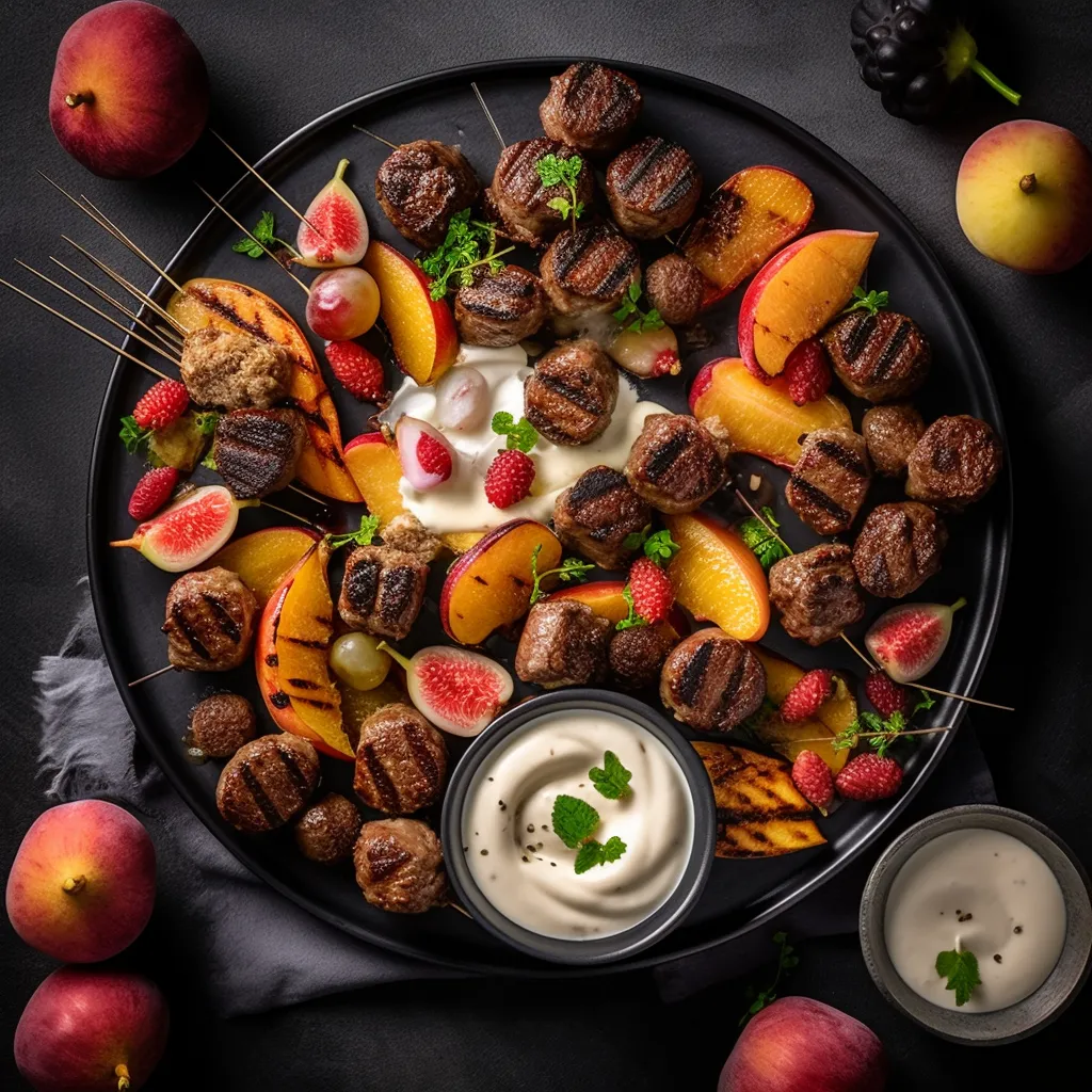 A bed of sliced grilled fruits such as peach, apple and pear, topped with spiced lamb meatballs, and drizzled with a creamy yogurt sauce.