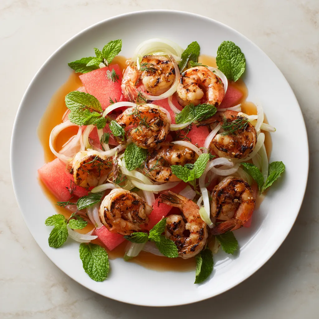 A vibrant, fresh arrangement with juicy grilled shrimp bordering slices of crisp watermelon, nestled between thin, curly ribbons of fennel. The dish is garnished with fresh mint leaves, imparting an added brightness. Orange honey vinaigrette lightly drizzled all over, adds a shiny, appetizing allure.