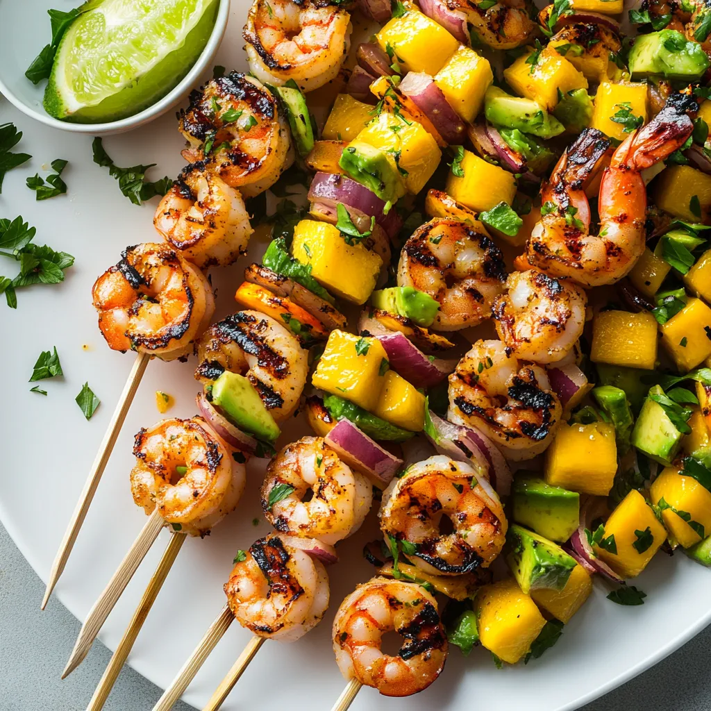 A bold splash of colors ranging from the charred, pink grilled shrimp skewered on birch wood sticks to the bright greens and yellows of the freshly diced mango and avocado salsa. A drizzling of honey-lime dressing adds shiny accents, and it's all presented on a white platter, perfectly contrasting the food's vibrant hues.