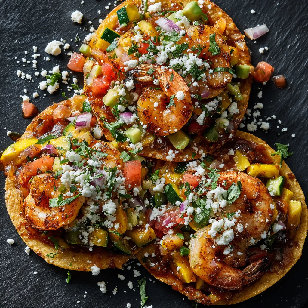 Crispy, golden tostadas piled high with a colorful medley of diced tomatoes, yellow squash, and charred shrimps. Finished with a drizzle of ruby red chili-lime vinaigrette and a sprinkle of crumbled Cotija cheese to create a visually appealing contrast.