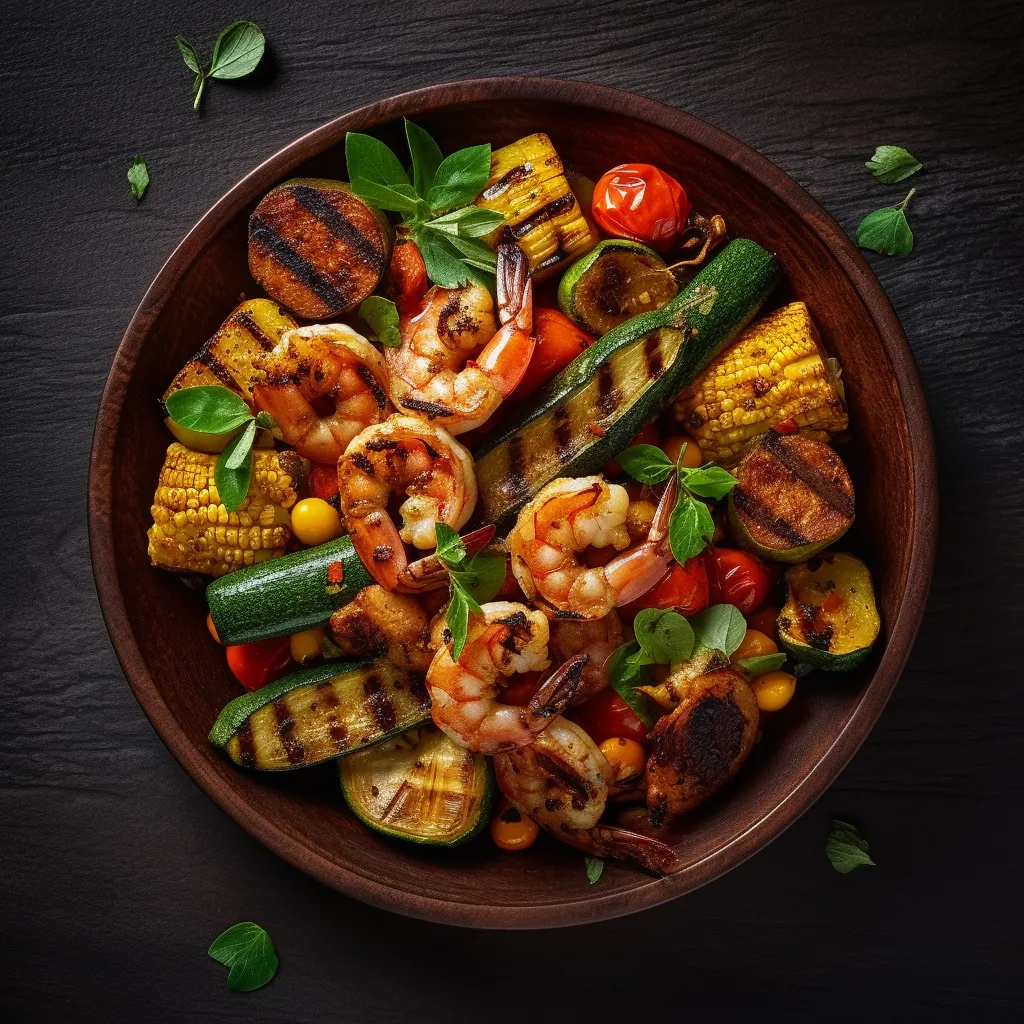 The dish is a colorful and flavorful composition, with lightly charred shrimp arranged on a bed of sautéed vegetables, all dusted with a golden and smoky spice blend.