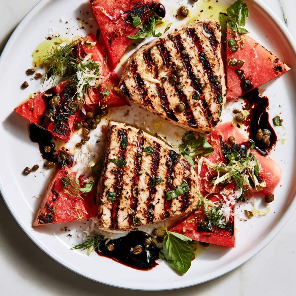From above, two ivory swordfish steaks sit slightly offset on a wide white platter, striped with dark grill marks and surrounded by ruby watermelon wedges with charred edges. A glossy deep-purple balsamic agrodolce is spooned in painterly streaks, scattered with tiny capers, torn basil, shaved fennel fronds, and a snow of lemon zest. A final glint of olive oil makes the plate look lush, bright, and dramatic.