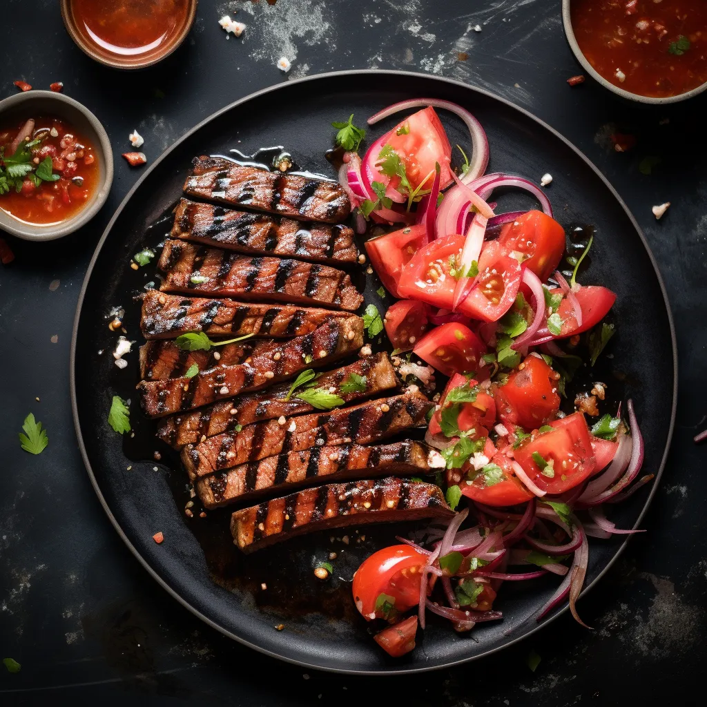 A plate with grilled watermelon steaks topped with a shiny chipotle glaze, served with a side of tangy slaw.