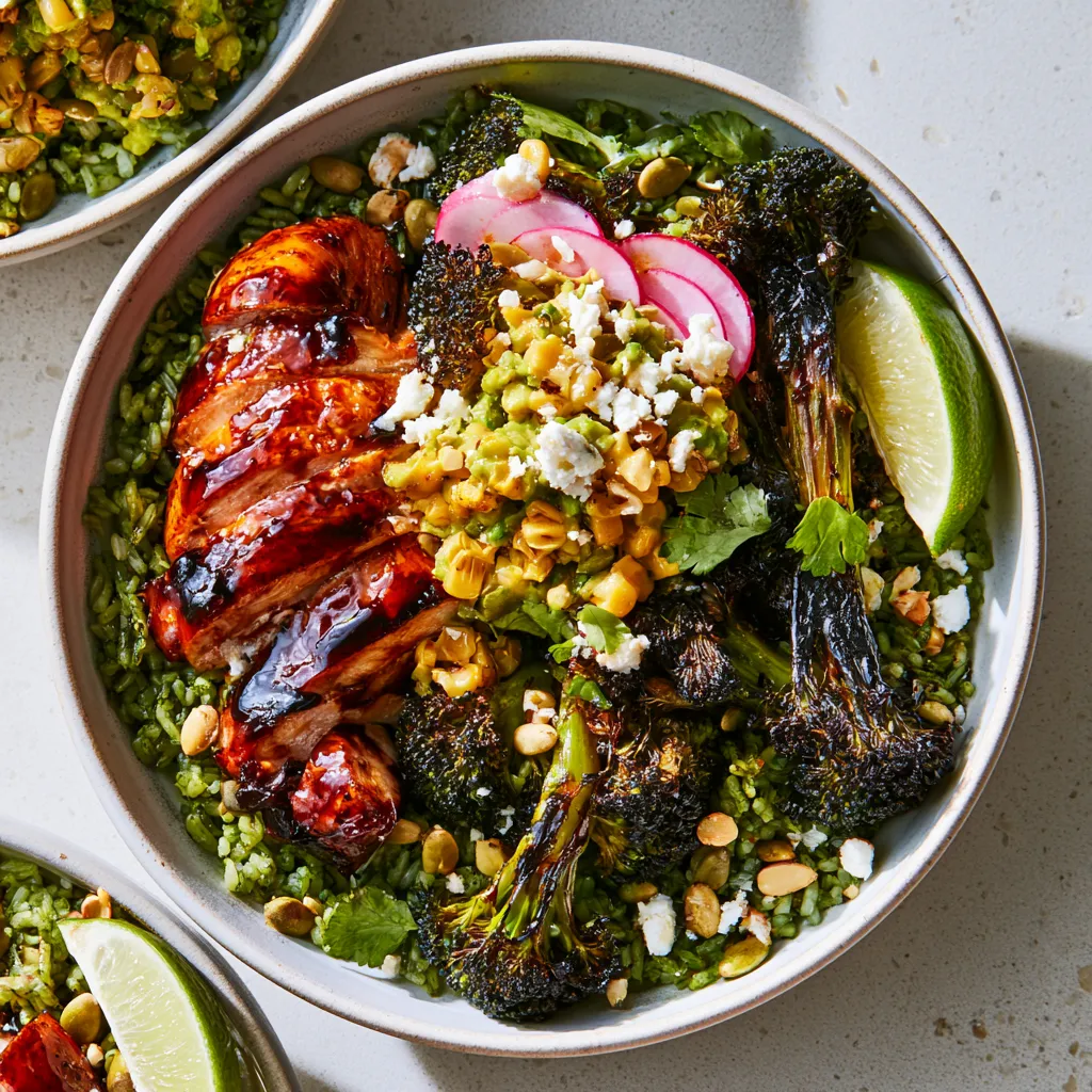 From above, shallow bowls of jade-green rice are topped with sliced lacquered chicken, deeply charred broccoli florets, golden corn-avocado salsa, pink radish slices, crumbled cotija, scattered pepitas, and cilantro, with lime wedges tucked at the edge for a vivid, glossy, high-contrast presentation.