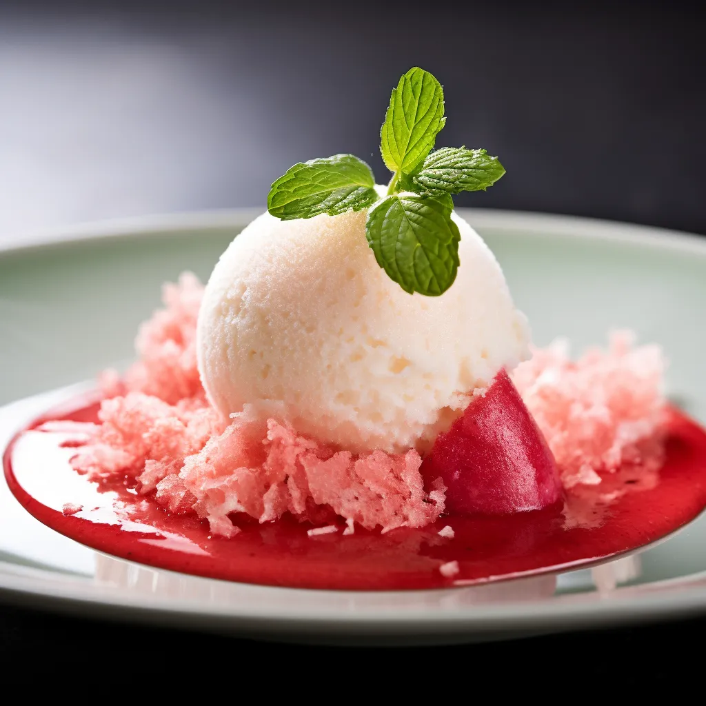 The sorbet is a vibrant pink, immediately capturing attention on a sleek, light grey plate. Propped ratea the sorbet, the thin, curved coconut tuile adds contrast to spark intrigue. Finely grated radish sprinkled over and vibrant green mint leaves both compliment and pop against the pink, begging for a snapshot.