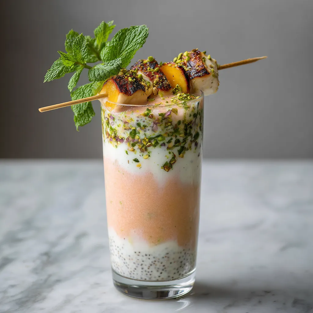 A tall, elegant glass is filled with the smoothie showcasing layers of soft pastel peach and yogurt white, topped with a sprinkle of chia seeds and dotted with green pistachios. A fresh mint sprig is perched on top, adding a pop of lively green. Spears of halibut on wooden skewers slightly charred at edges rest on the rim of the glass.
