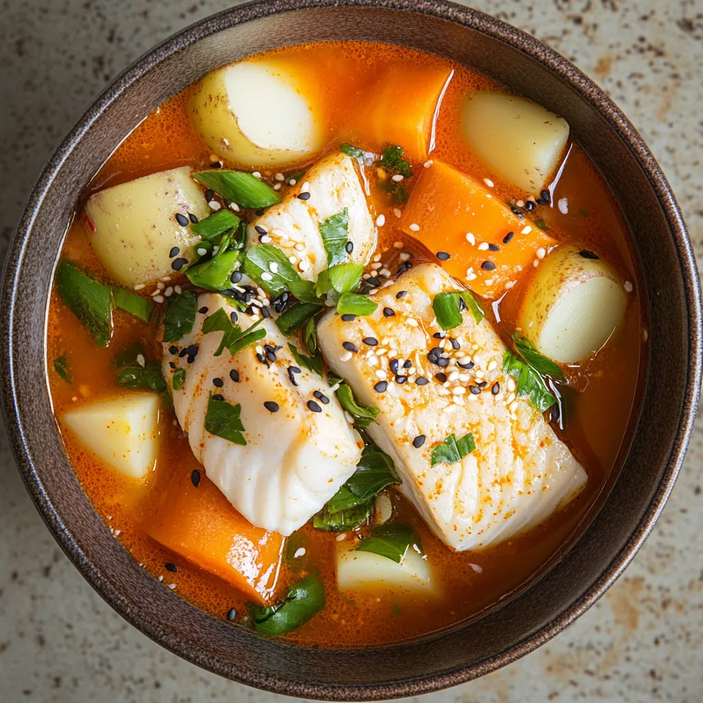 A vibrant tableau of snowy halibut chunks peeking amidst a hearty red-orange broth, studded with chunks of assorted roots- brilliant carrots, creamy potatoes, and earthy turnips. Fresh green scallions and sesame seeds sprinkled on top complete the picture.