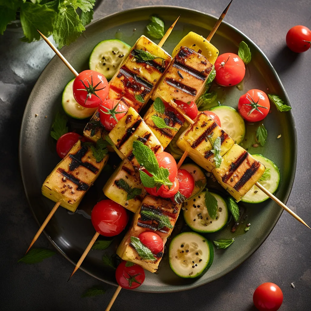 Grilled skewers with golden halloumi cheese, vibrant red cherry tomatoes, and bright green zucchini served with a bed of sliced watermelon and cucumber