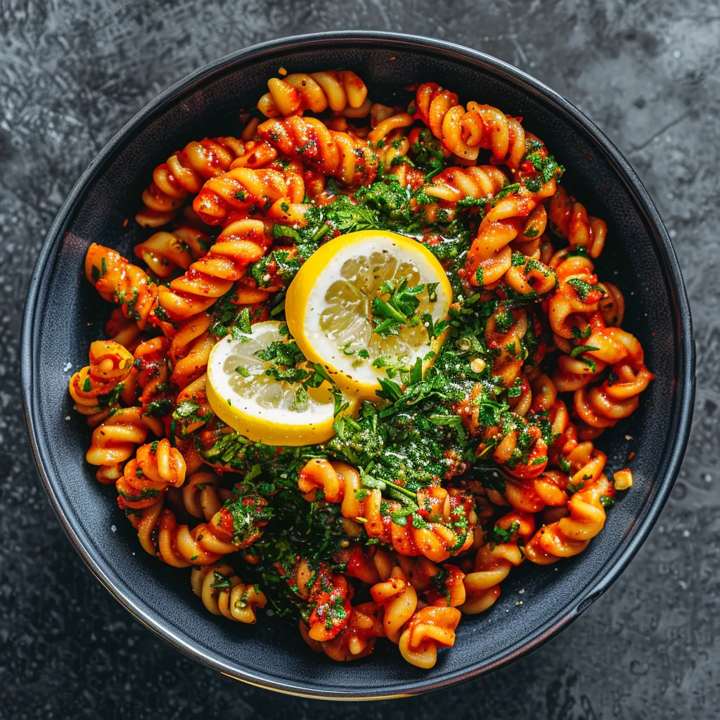 A vibrant bowl of textural cavatelli pasta generously coated in rich, reddish-brown harissa sauce, punctuated by flecks of bright green cilantro gremolata. Topped with a small handful of preserved lemon slices.