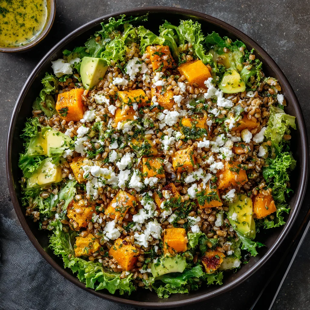Looking down, you would see a vibrant mix of greens, orange, and white colors. Curly lettuce forms a green bed for rows of bright orange butternut squash, creamy avocado cubes, and nutty brown freekeh grains. Sprinkles of crumbled feta cheese provide white accents, and the dish is finished with a glossy drizzle of tarragon dressing, setting an enticing play of colors.