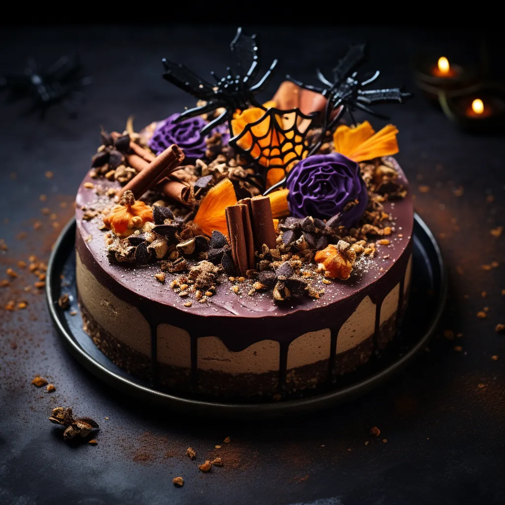 An elegant cheesecake encrusted with buttery graham cracker crumbs with a layer of rich, dark chocolate gaze. A mosaic of bat-shaped chocolate pieces adorns the top, and vertically sliced pumpkins surround the cake base. A standout Instagram moment!