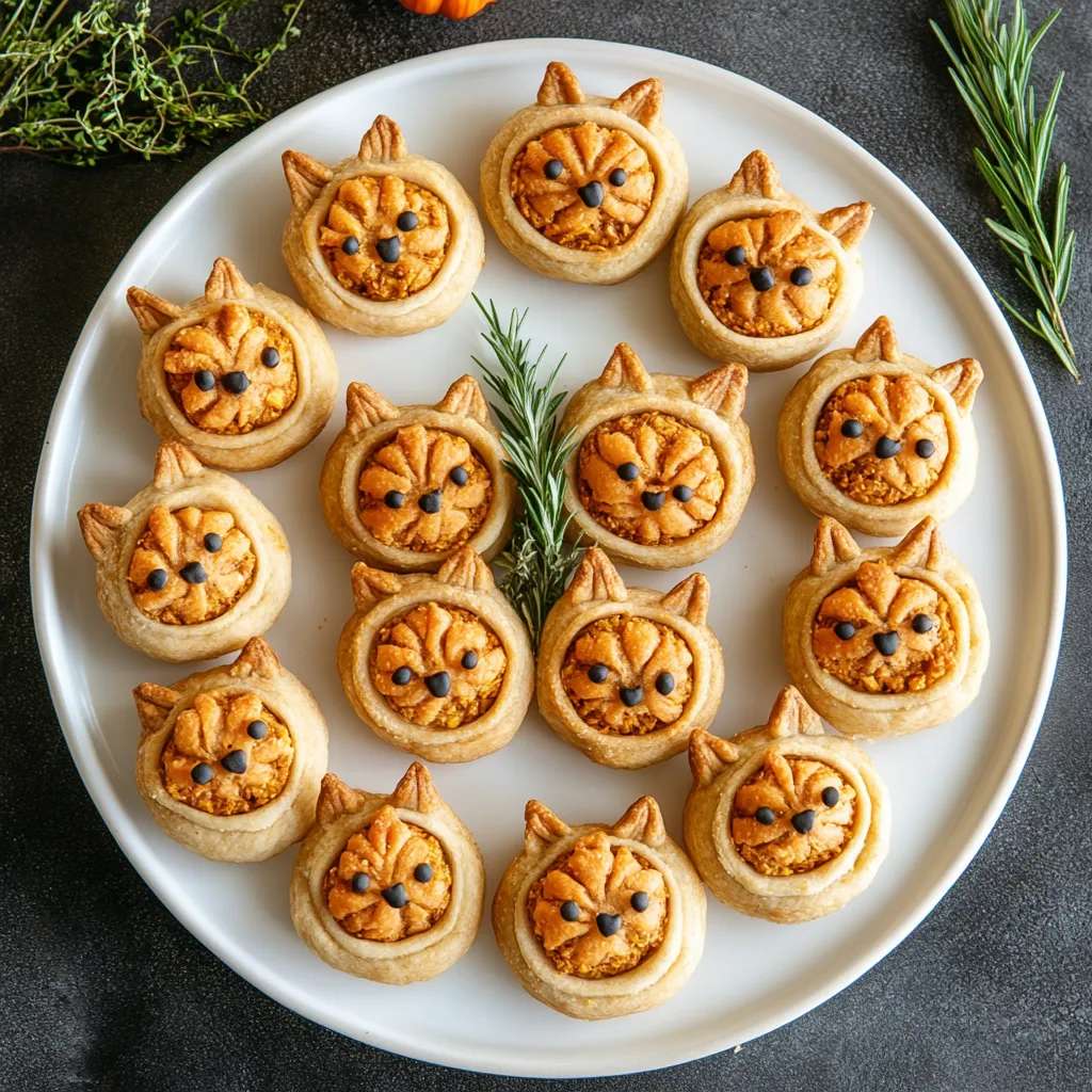 A circular white plate lined with a dozen of these kitty bites filled with tuna and pumpkin, scattered evenly to form the shape of a smiling cat's face. The orange color of the pumpkin peeks through the open ends, contrasting with the dough's golden brown hue. A garnished sprig of catnip crowns the display to give a fresh touch.