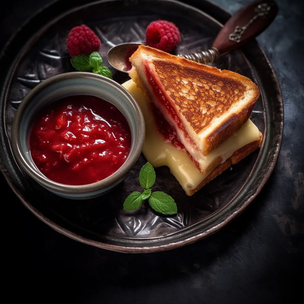A crispy and golden grilled cheese with oozing cheese and a dollop of raspberry compote on top, accompanied by a creamy tomato soup with basil.