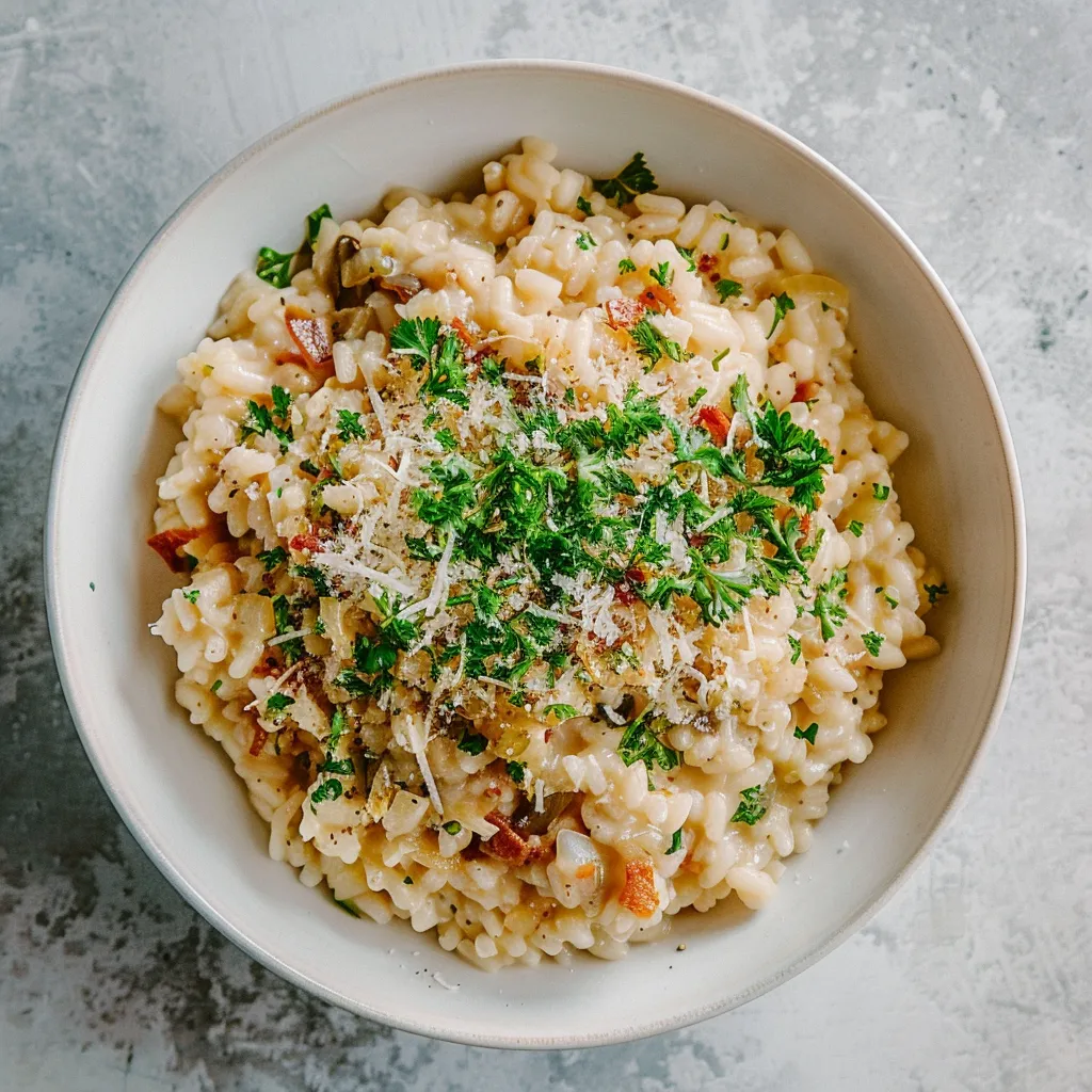 A large, white bowl of risotto boasting creamy grains of rice with flecks of cooked green cabbage and caramelized bits of pancetta. Topped with a dusting of Parmesan and a sprinkle of fresh parsley, on a simple white background that makes the colors pop.