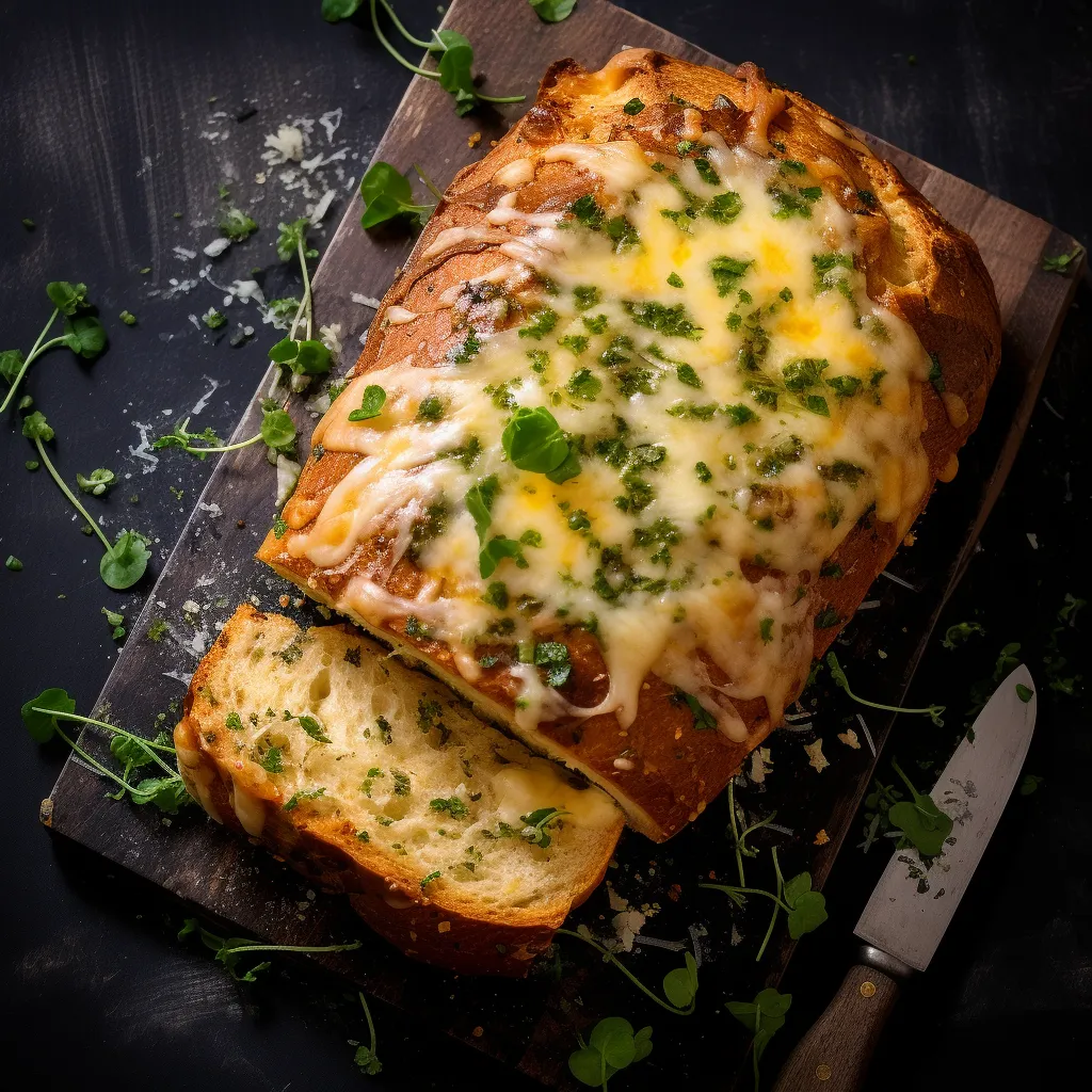 A golden-brown loaf of bread, topped with melted cheese and fragrant herbs.