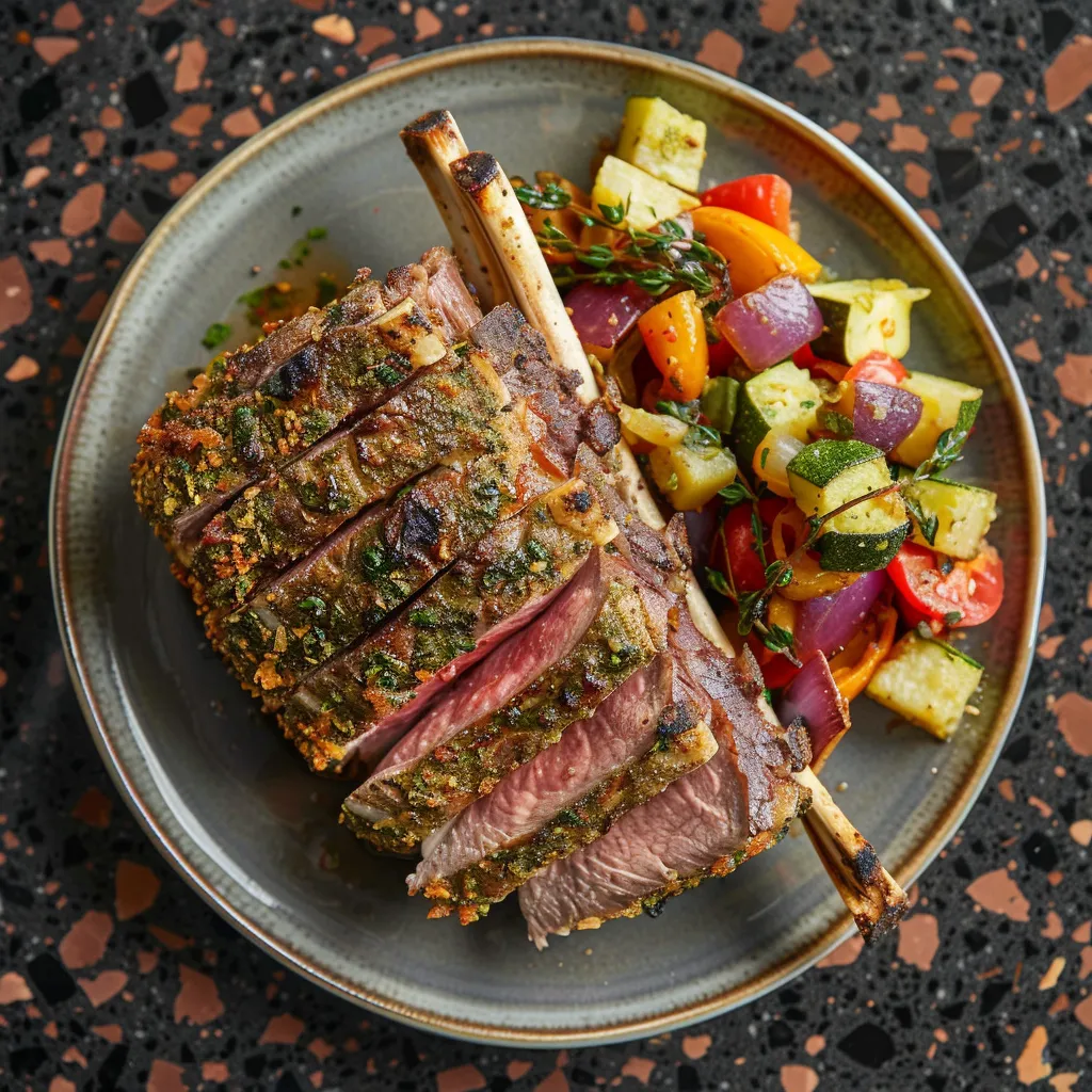 This plated dish presents an array of colors and textures. At one side, the regal rack of lamb crowned with a golden crust. It's pink, juicy meat reveals itself when cut and invites from the center of the plate. On the other side, the ratatouille, a brilliant mélange of veggies forms a rainbow of soft, roasted vegetables, glistening with olive oil.