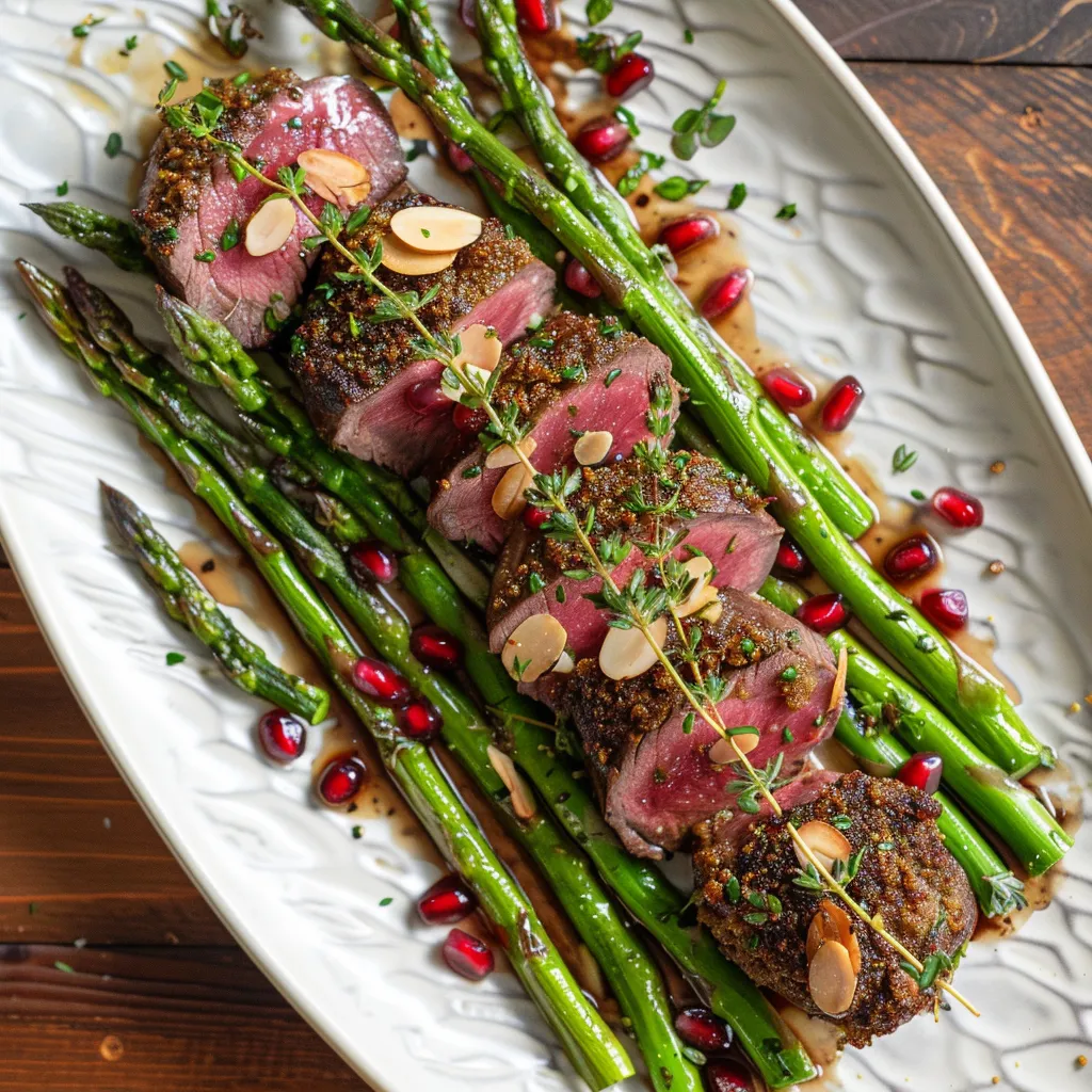 Picture on your plate, juicy caramelized medallions of venison arranged off center over a bed of vibrant green asparagus spears, dusted with toasted almond slices. Pops of cherry-red pomegranate seeds intersperse the green. Everything is glossed with a light herb-infused sauce, with fresh sprigs of thyme and rosemary, atop the protein, lend a visual depth and Instagram-worthy contrast.