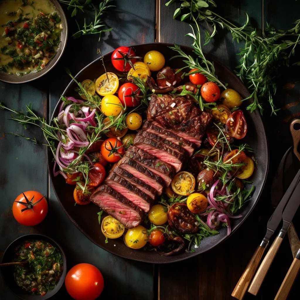 A medium-rare steak with grill marks and a crispy exterior is sliced thinly and arranged on a platter, topped with chopped herbs. A colorful salad with roasted beets and cherry tomatoes is scattered around the steak.