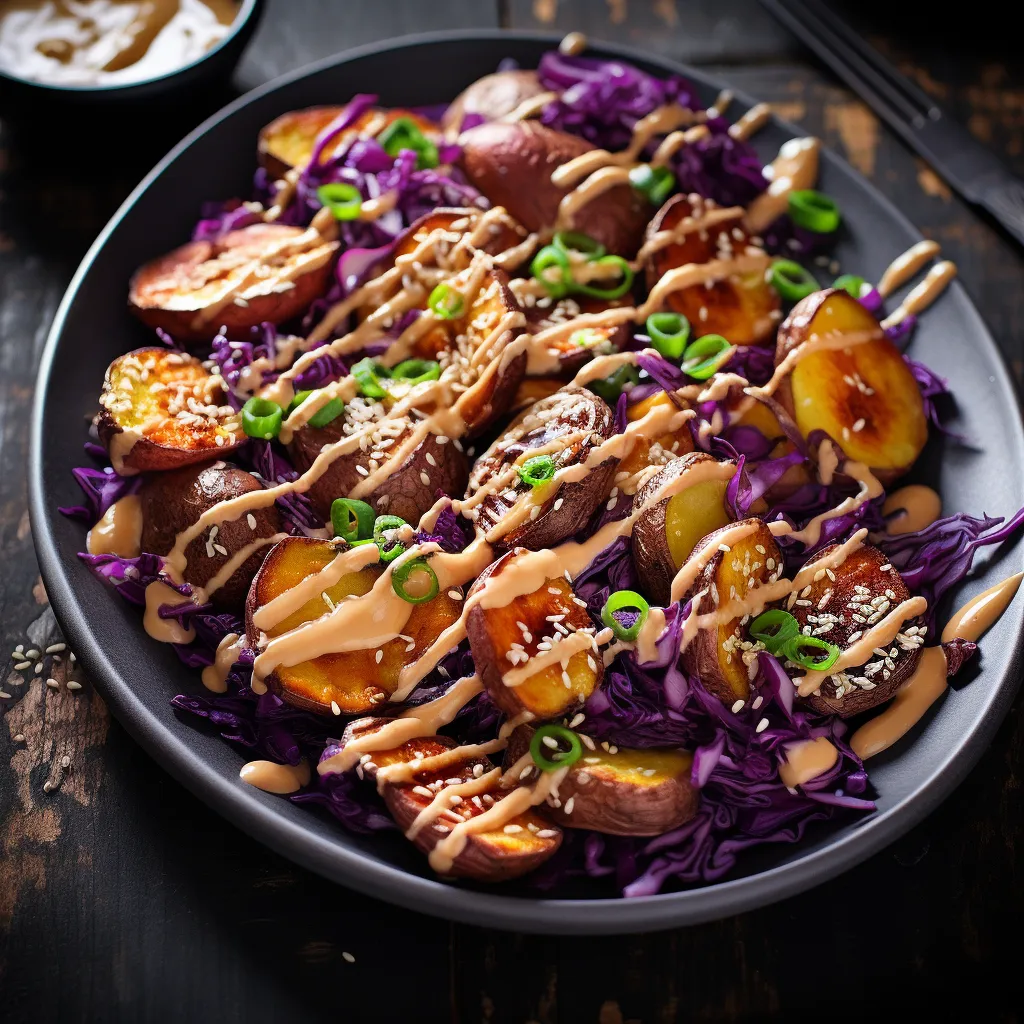 The finished plate is an artwork of warm hues, with golden, hickory-smoked potatoes nestled on a bed of vibrant purple cabbage slaw. It's embellished by sunset-orange droplets of chili oil, a drizzle of creamy white sesame aioli and a sprinkle of strikingly green spring onions.