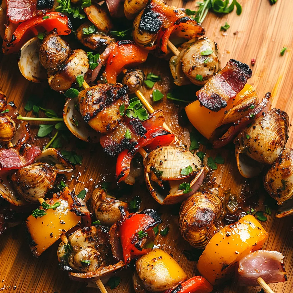 Long skewers displaying an array of glossy clams, vibrant chunks of bell peppers, and delectable bacon weave amidst each other while sitting upon a rustic wooden serving plank. The skewers are dazzled with fresh sprigs of thyme and parsley, adding pops of color to the browned, grilled bits. Smoky tendrils hover around them.