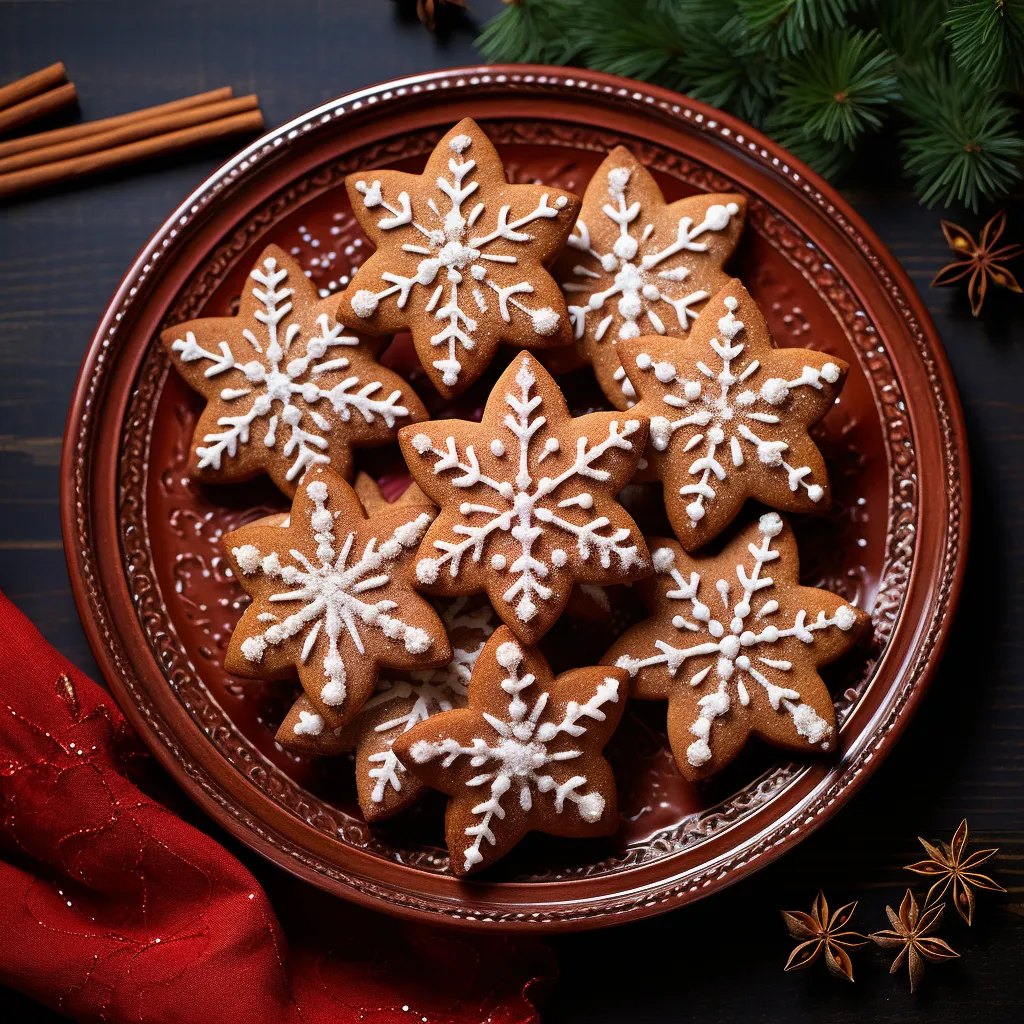 A cluster of star-shaped cookies featuring a warm, brown gingerbread color, adorned with twinkling white edible snowflakes. Each cookie is beautifully arranged on a vibrant red holiday platter, interspersed with real pine branches and vibrant berries for a festive touch.
