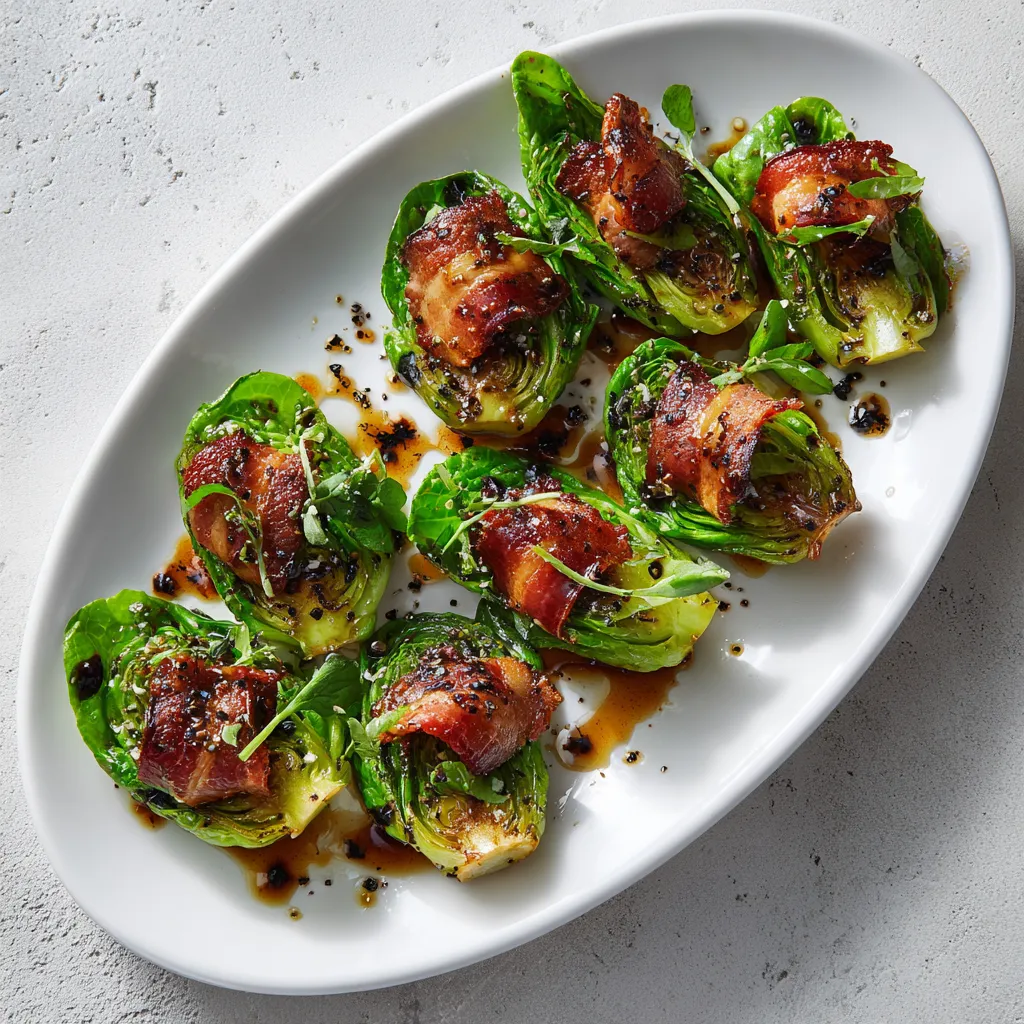 Glistening, honey-drizzled escarole leaves cradle bits of crispy, golden-brown bacon. These little bites are elegantly arranged on a clean, white oval plate, creating an inviting contrast with the vibrant greens and warm bacon tones. A gentle sprinkle of crushed pepper adds some excitement.