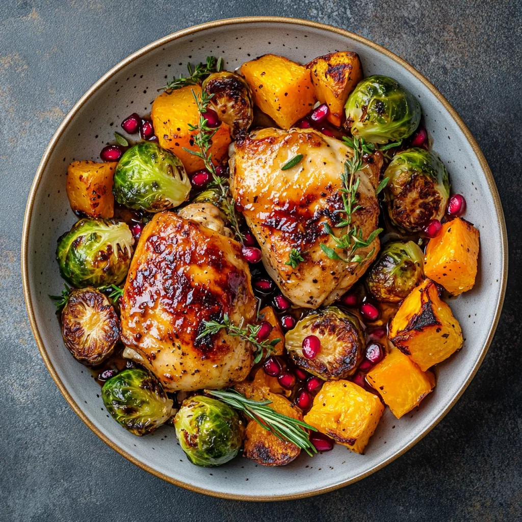 A rustic centerpiece of honey glazed golden brown chicken perfectly nestled amidst emerald roasted Brussels sprouts and vibrant orange chunks of butternut squash. A sneak peek of pomegranate seeds add tantalizing crunch and color, garnished with fresh rosemary sprigs to pop in an aromatic earthy hue.