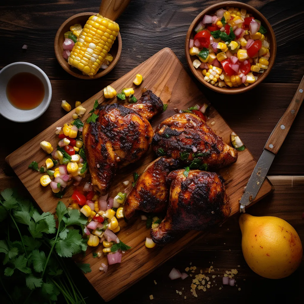 Lightly charred chicken thighs topped with a vibrant peach and corn salsa