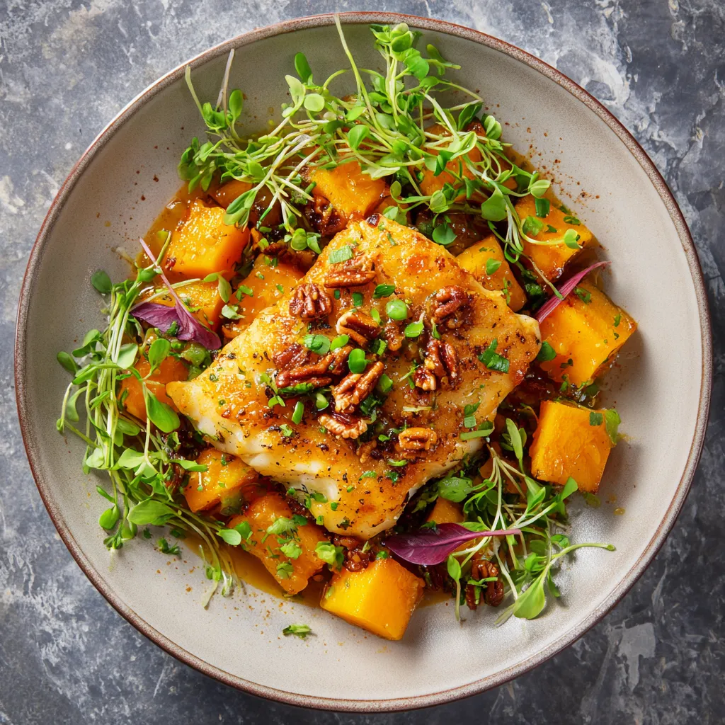 The glazed pecan-amber cod fillet taking center stage, sitting atop a bed of soft, golden butternut squash chunks. Garnished with bright green chives and microgreens scattered artistically, giving the dish a balanced, colorful appeal.