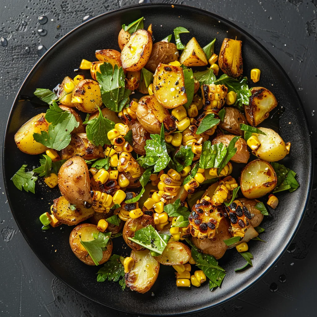 From above, the dish is a vibrant palette of wholesome new potatoes, charred corn and fresh green herbs artistically arranged on a sleek black plate. Tiny droplets of honey-mustard vinaigrette shine like dew drops, and the dish is finished off with a sprinkle of pepper.