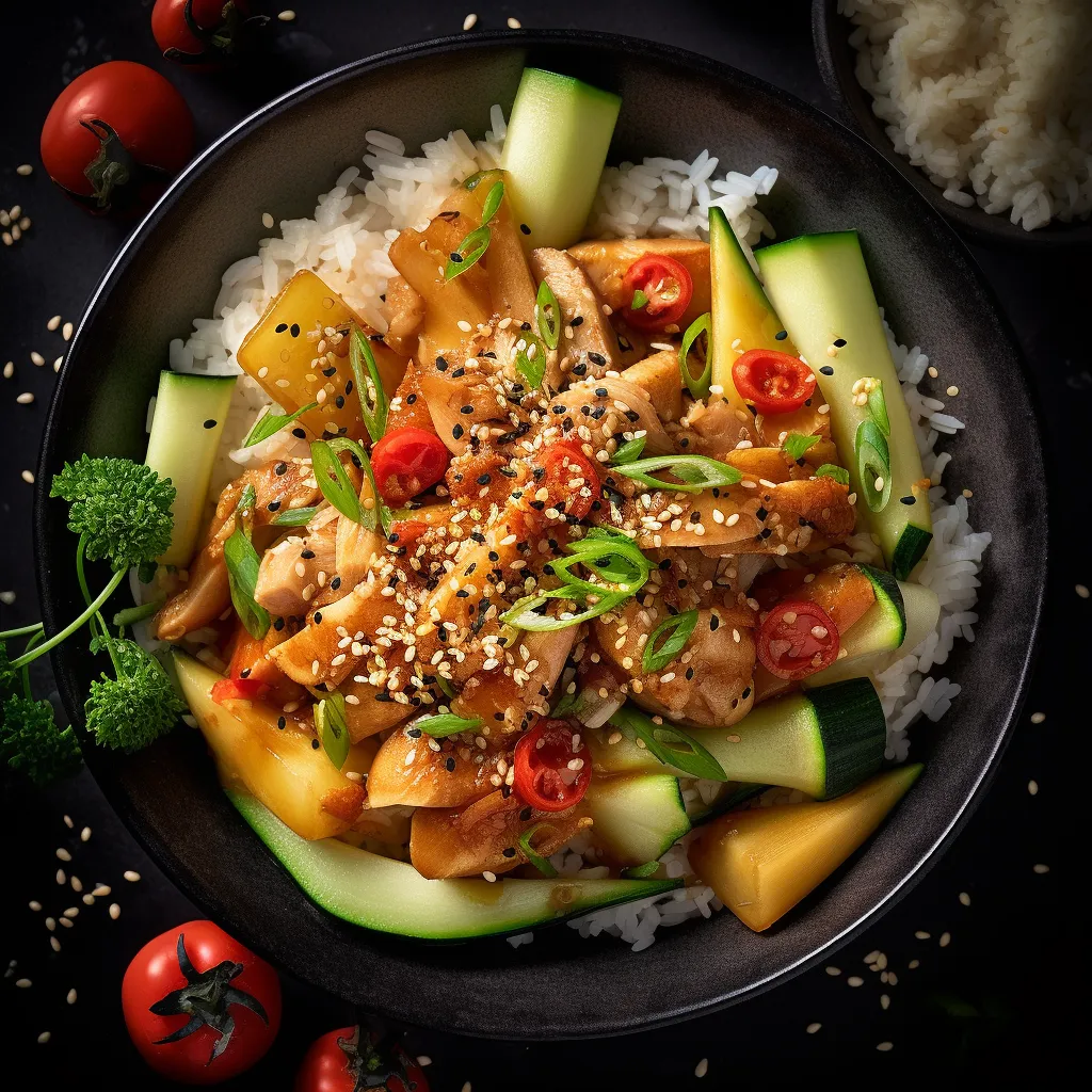 A colorful stir fry with chunks of juicy honeydew melon, sliced chicken, and a variety of crisp vegetables, sprinkled with sesame seeds and served over steaming rice.