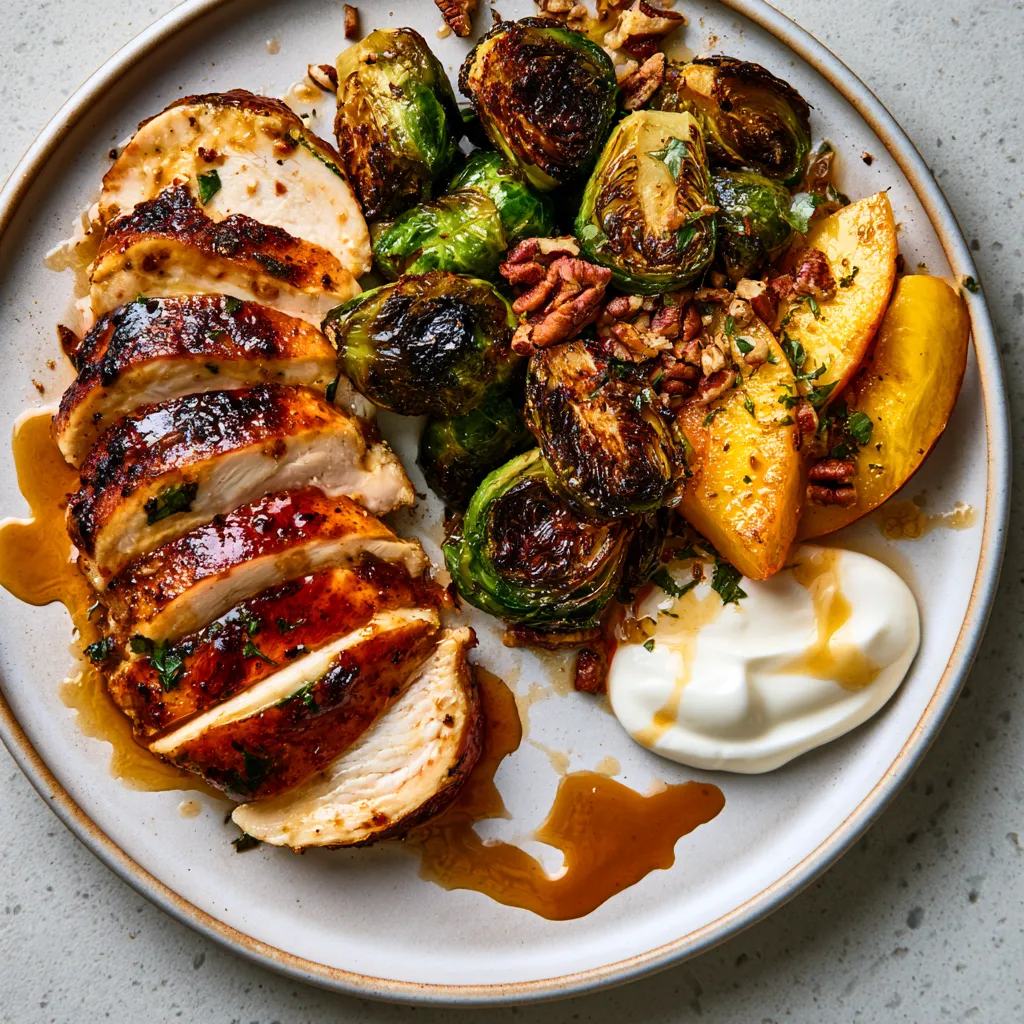 From above, sliced glazed chicken fans across one side of a wide plate beside deeply charred Brussels sprouts and golden peach wedges, scattered with herbs and toasted pecans, with glossy amber drizzles and creamy white dollops creating vivid contrast.
