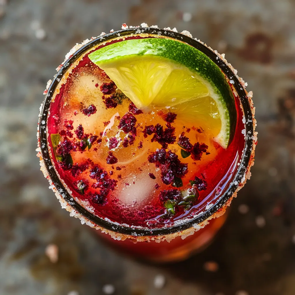 From top view, the Margarita shows a mesmerizing cascade of hues; starting with a deep ruby-red color at the bottom, thanks to the hibiscus syrup, transcending to a lively citrusy-yellow in the middle, and finishing with a crisp lime green slice floating on the top with a rim of sparkling salt crystals glistening.