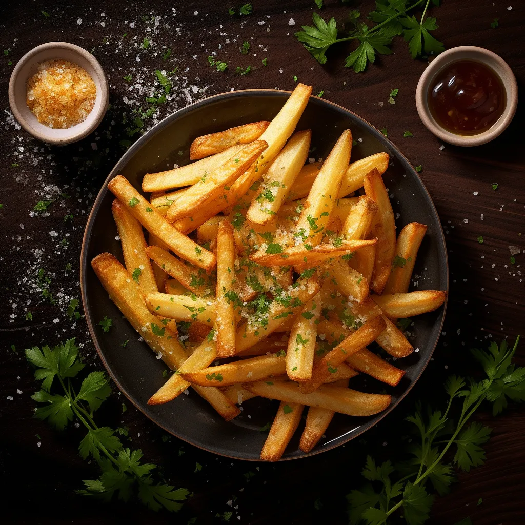 A plate of golden-brown French fries elegantly arranged in a cone shape, topped with a sprinkle of sea salt, chopped parsley, and drizzled with truffle-infused oil. An irresistible sight!