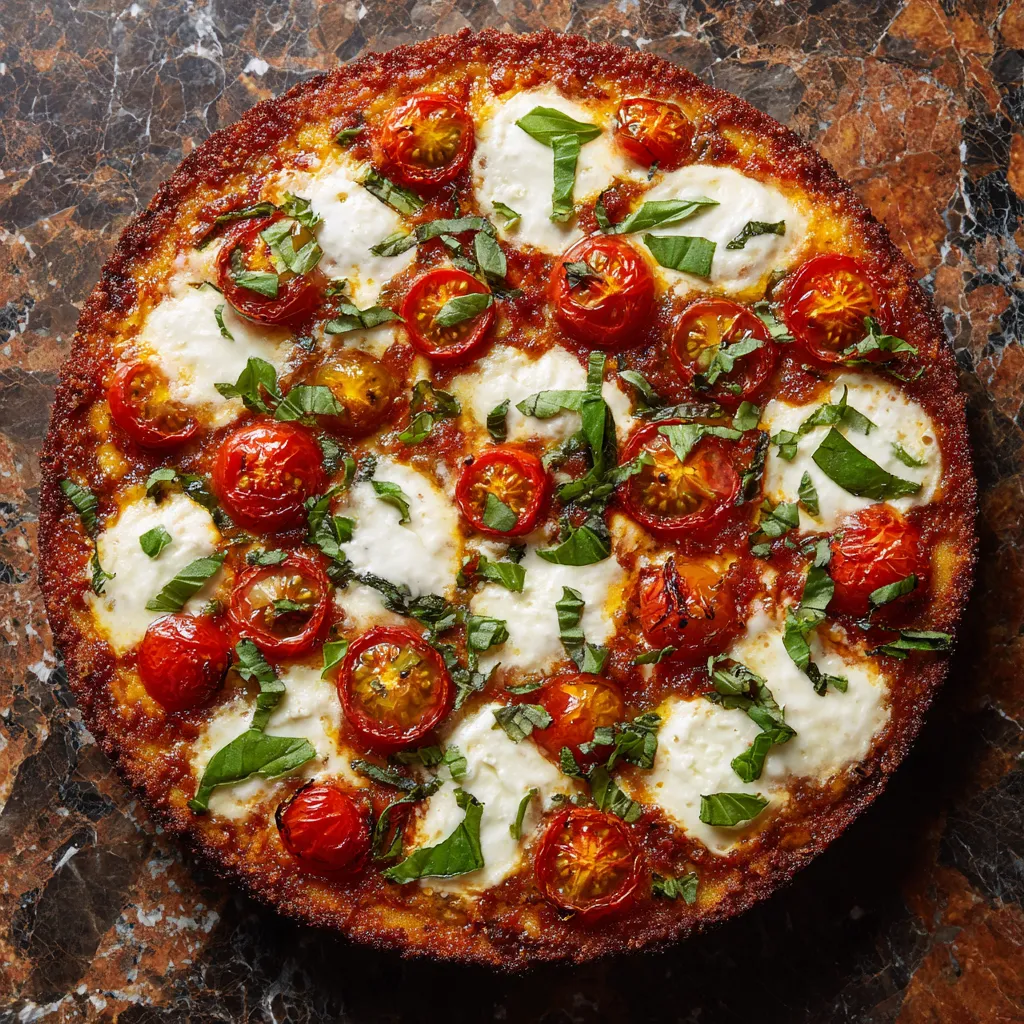 A round crispy thin-crust pizza with a glorious spread of reds from San Marzano sauce, whites from fresh mozzarella, and greens from basil, topped by concentric circles of cherry tomatoes. Patches of golden melted cheese add a hint of color. The edges have a toasted, brown rim.