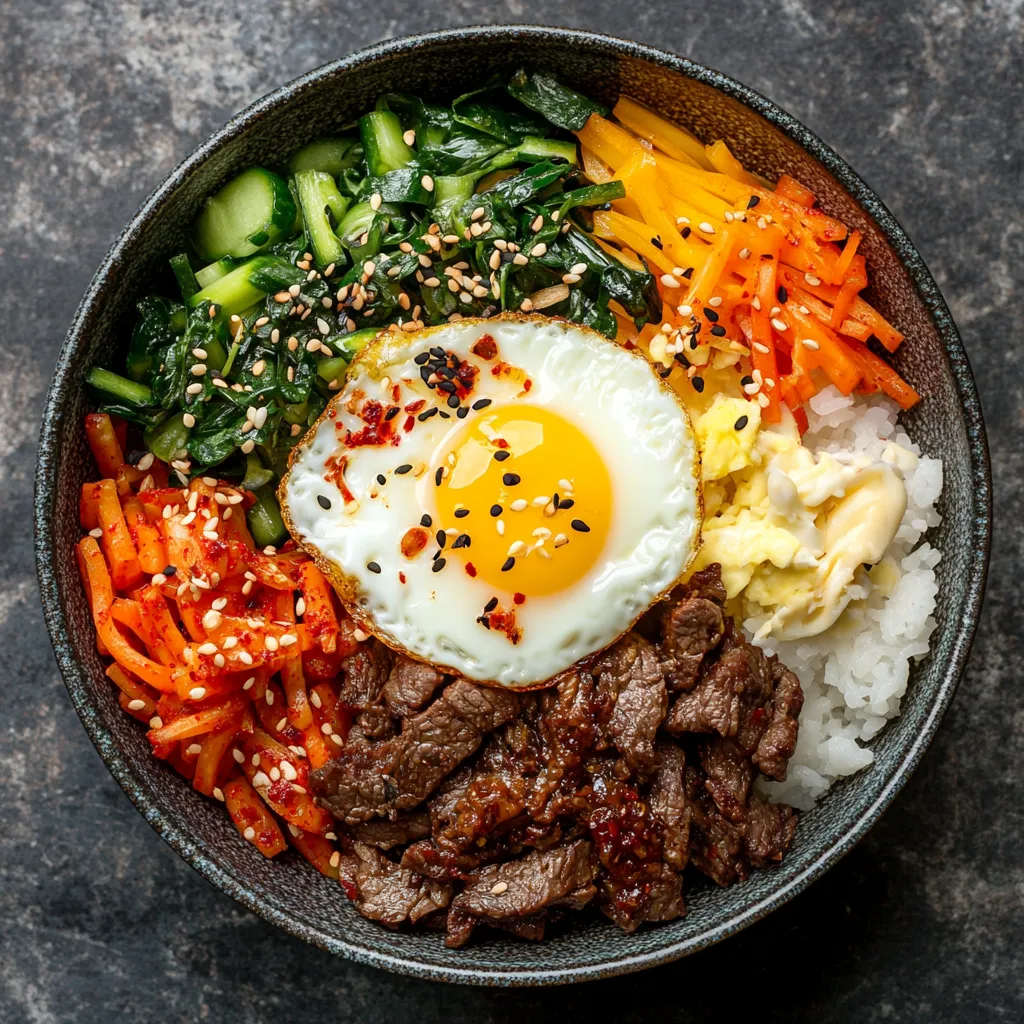 From above, you'll see a beautiful serving bowl filled with a patchwork of vibrant, finely chopped vegetables creating an artist palette of color. At the center sits tender, marinated beef strips alongside a perfectly runny, sunny-side-up egg. The rich gleam of the egg yolk beckons to be pierced, releasing a cascade of yellow to enrich the contrasting colors.