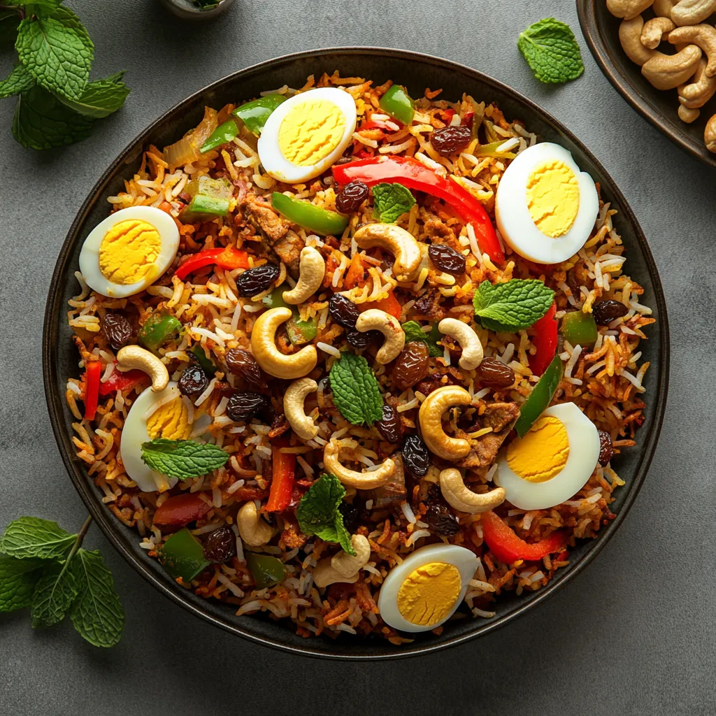 An array of vibrant shades: tawny rice studded with golden raisins, vivid red and green bell pepper strips, deep brown caramelized onion bits, and ivory cashews. The dish is further adorned with fresh mint leaves and highlighted by slices of hard-boiled egg around the rim.